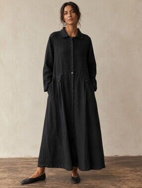 FLAX Jeanne Engelhart Linen Dress Black Snap Front Collared Oversized M